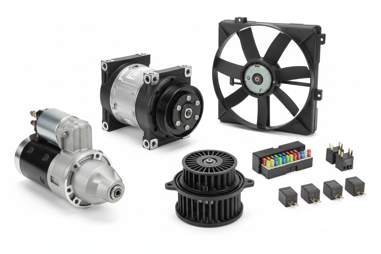 Make a photo,  bmw x5 2020 ac compressor,  ford edge 2016 radiator cooling fan, porche Blower fan, fuse pal, relay small and big 5pcs, Range rover Starter motor, 