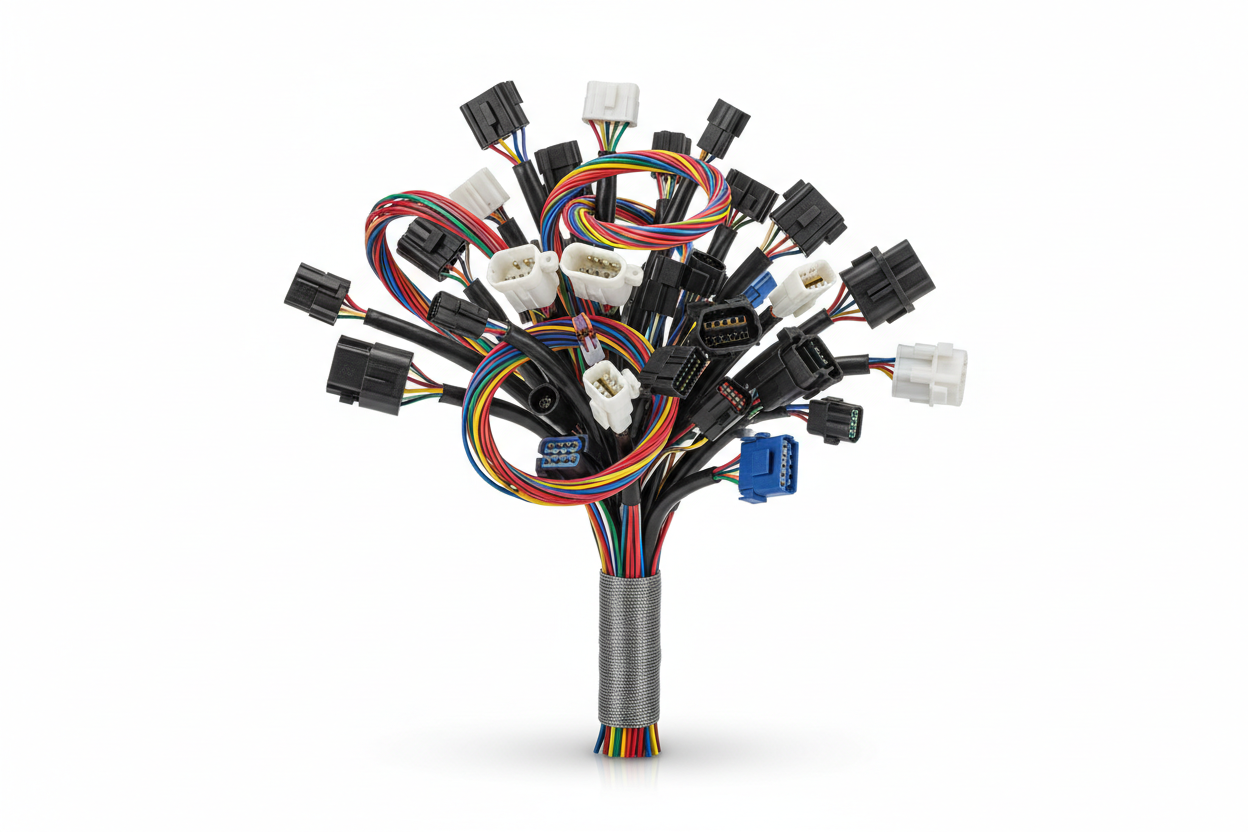 Make a white background photo with a bouquet of Vehicle connector harness